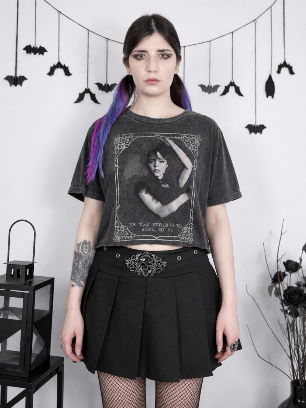 Wednesday Addams Graphic Crop Top T-Shirt "Be The Strange You Want To Be"